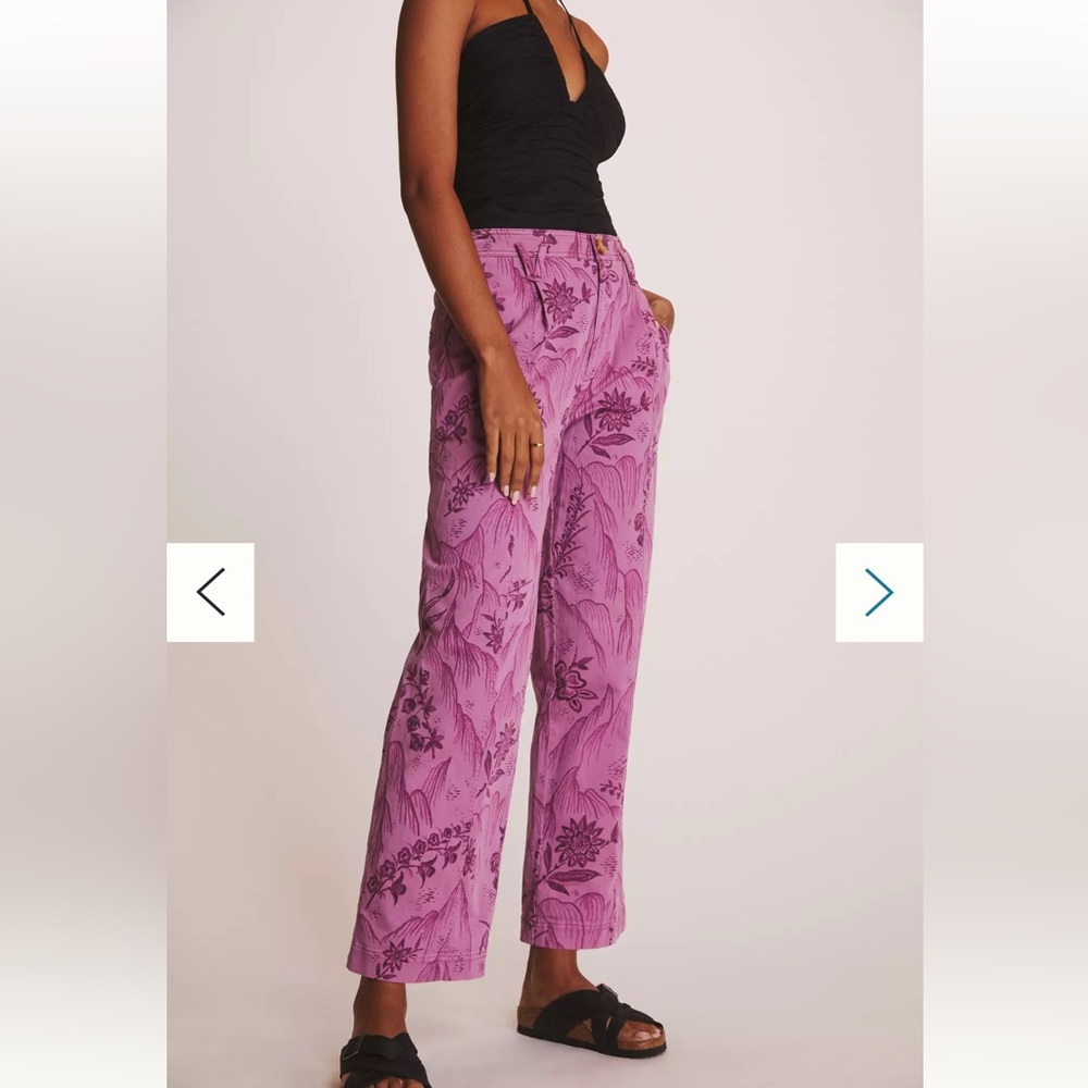 Anthropologie‎ Pleated Column Pants Pink Floral Mountain Print